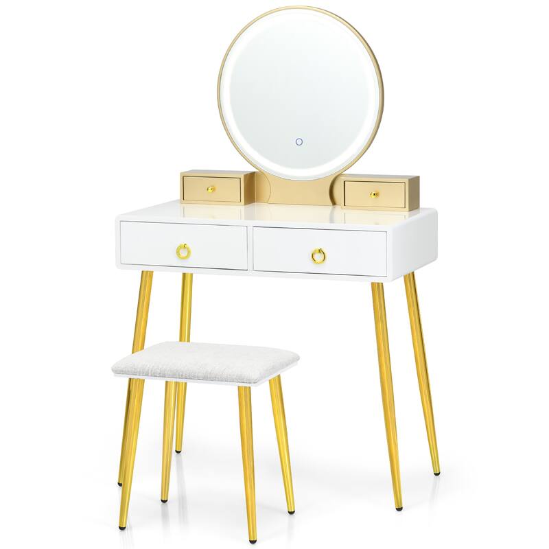 Vanity Table Set Makeup Dressing Table with Lighted Mirror and Stool - White+ Golden