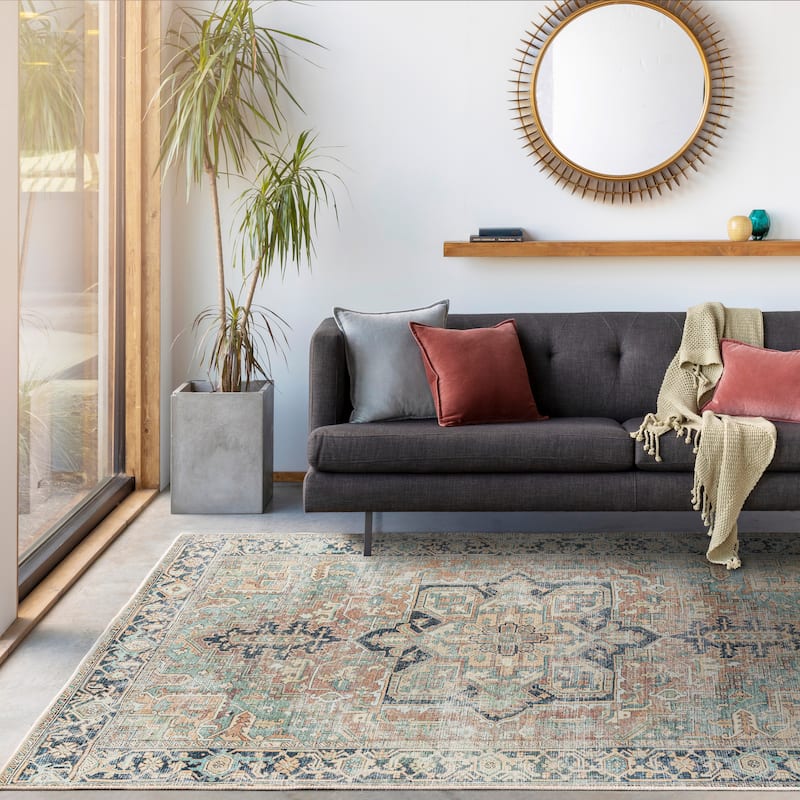 Livabliss Maximus Traditional Medallion Machine Washable Area Rug - Seafoam/Brick - 6' 7" x 9'