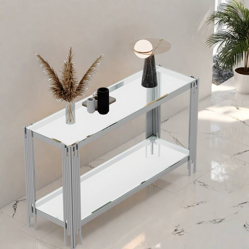 47.24"Metal Console Table with Two-Tier Design and Stainless Steel Frame - Silver