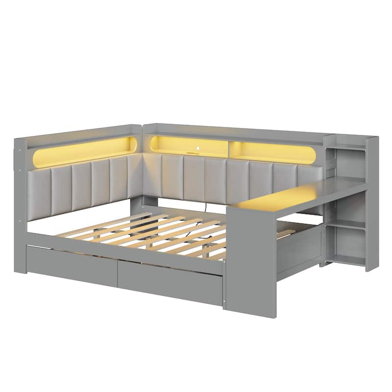 Full Daybed with Storage Shelves Built-in Charging Station LED Light, L-shape Upholstered Sofa Bed with 2 Drawers, Cabinet, Desk
