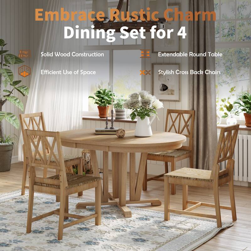 5-Piece Rustic Dining Set with Round Trestle Table, Extendable 15.8" Leaf, 4 Cross Back Dining Chairs for Kitchen & Dining Room