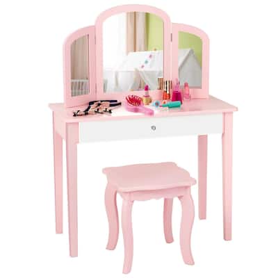 Gymax Kids Vanity Princess Make Up Dressing Table W/ Tri-folding - See Details