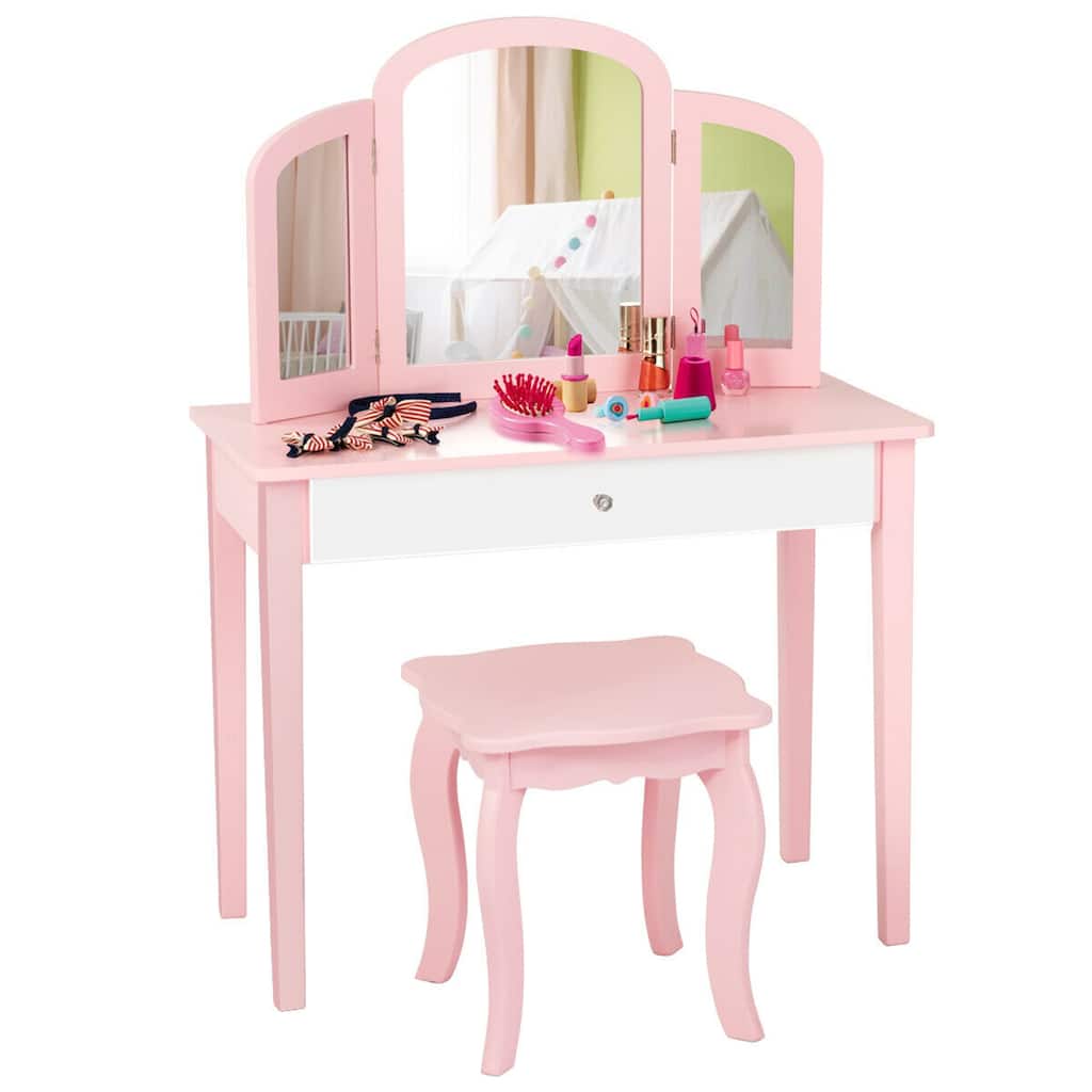 Gymax Kids Vanity Princess Make Up Dressing Table W/ Tri-folding - See Details
