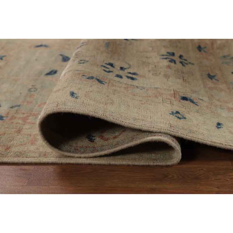 Hand Knotted Oriental 100% Wool Carpet Traditional Floral Beige & Ivories Art Deco Runner Rug - 11' 10'' X 3' 0''