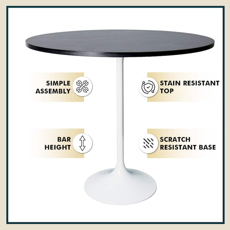LeisureMod Verve 48" Round Bar Dining Table with Stone TableTop and White Steel Base for Kitchen & Dining Room