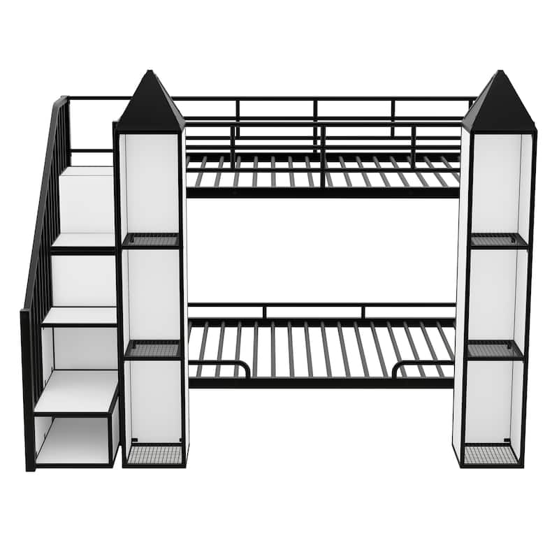 MERAX Metal Twin over Twin Castle-shaped Bunk Bed with Wardrobe and Shelves
