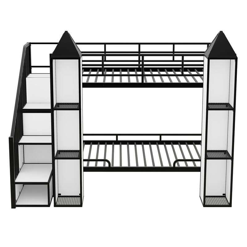 Twin Over Twin Size Bunk Bed w/Storage Shelves,Wardrobe,Metal Bedframe