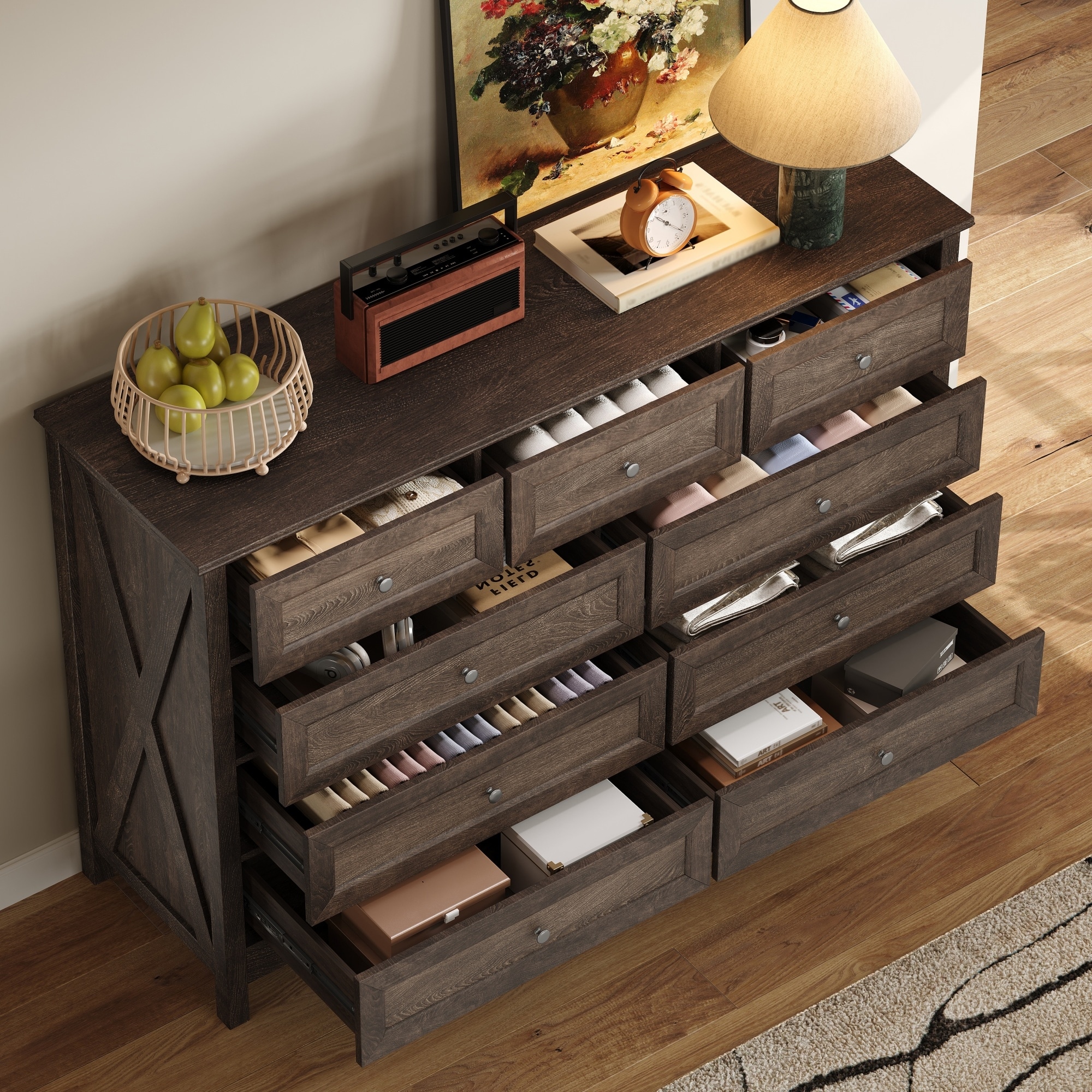 brown dresser with silver handles Wood Rustic Storage Dresser with 9 Drawers and Silver Handle, Brown - Overstock
