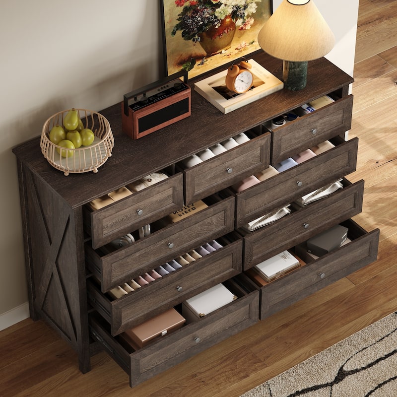 Wood Rustic Storage Dresser with 9 Drawers and Silver Handle, Brown