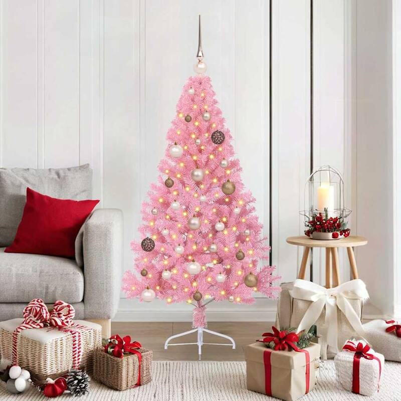 vidaXL Artificial Pre-lit Christmas Tree Pink in PVC - 59.06 in - Pink-with 60 rose gold balls
