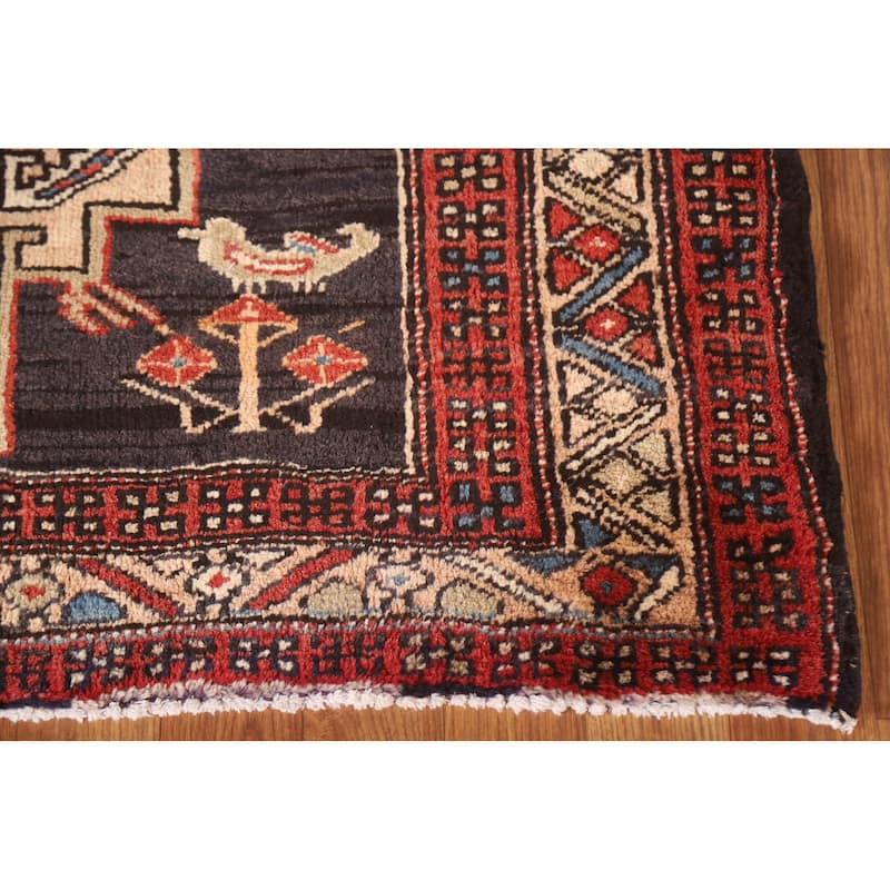 Navy Blue Ardebil Persian Vintage Runner Rug Hand-knotted Wool Carpet - 3'9"x 10'8"