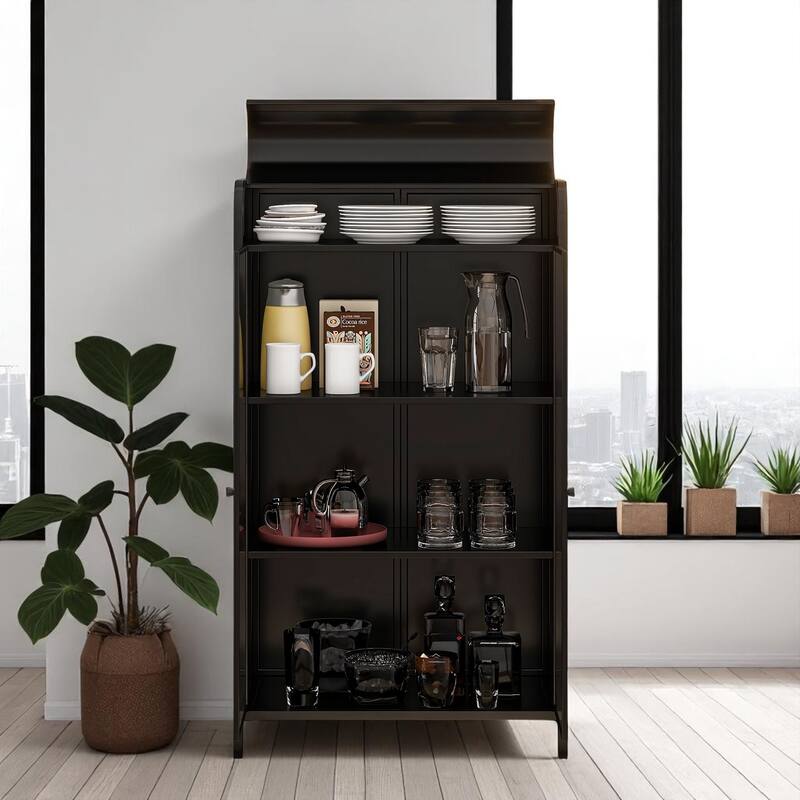 47.6" Metal Storage Cabinet with Glass Doors, Flip-Top & Open Shelves, Freestanding Buffet for Kitchen - Antique Black