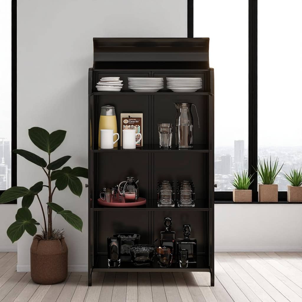 47.6" Metal Storage Cabinet with Glass Doors, Flip-Top & Open Shelves, Freestanding Buffet for Kitchen