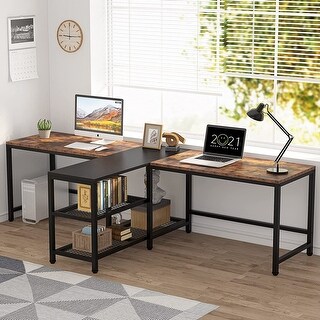 94.5 inch Double Computer Desk with Storage Shelves, Two Person Desk