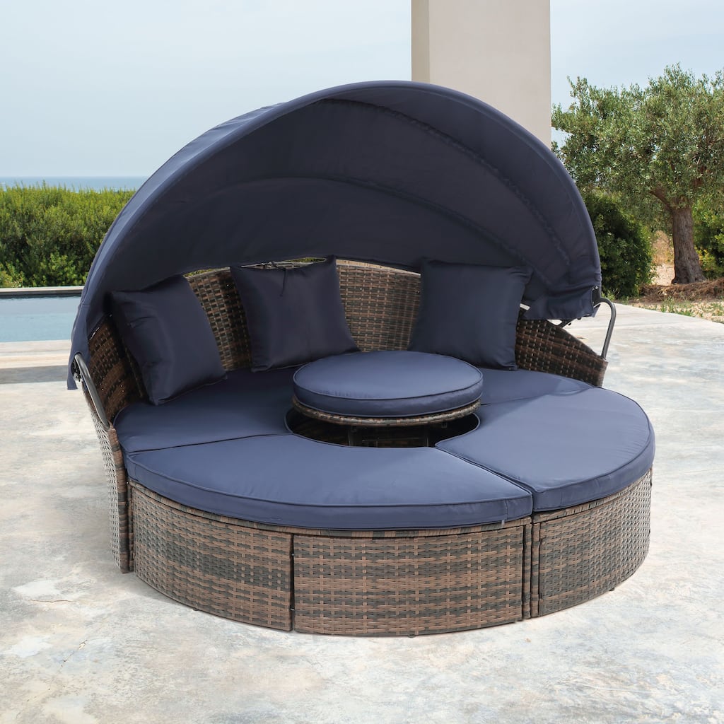 Navy Blue Adjustable Canopy Rattan Daybed