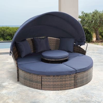 Rattan Round Lounge Chair with Canopy, Outdoor Daybed Wicker Garden Sofa Bed with Lift Coffee Table for Backyard Pool
