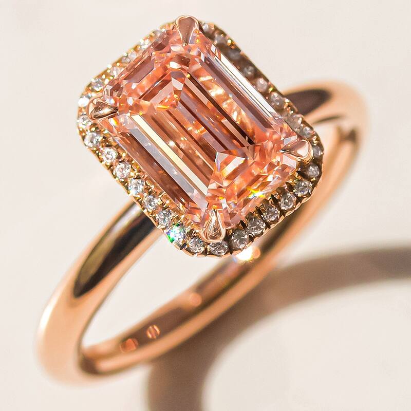 Kobelli 3.23 Carat Lab Fancy Intense Pink Diamond IGI Certified 18k Solid Rose Gold Emerald-cut Halo Comfort Fit Plain Band Ring