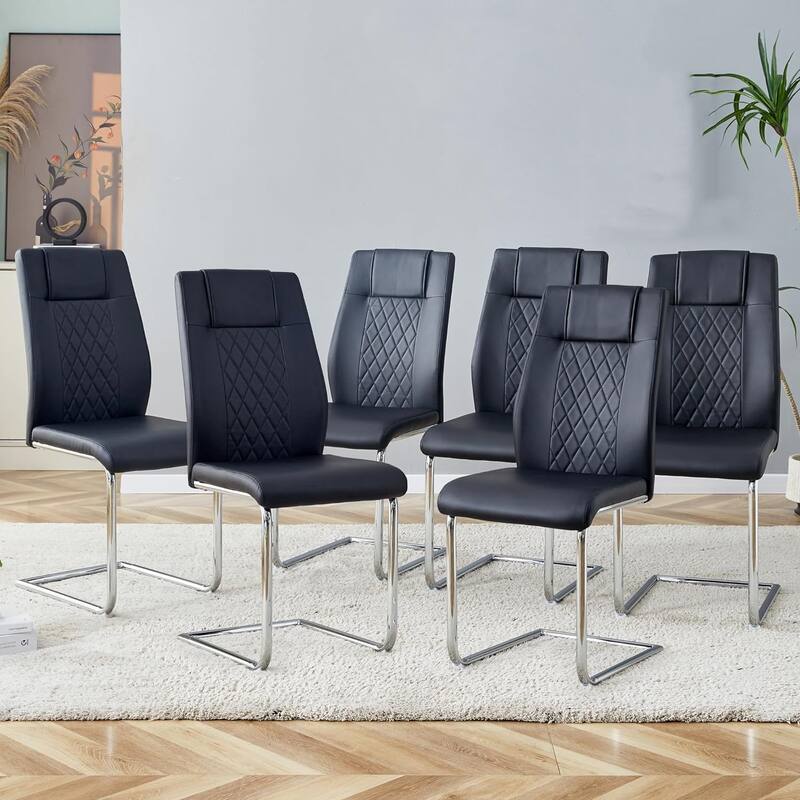 Modern Dining Chairs With Metal Legs Set Of 6 High Back Upholstered PU Leather Chair For Home Dining Room Living Room - Black