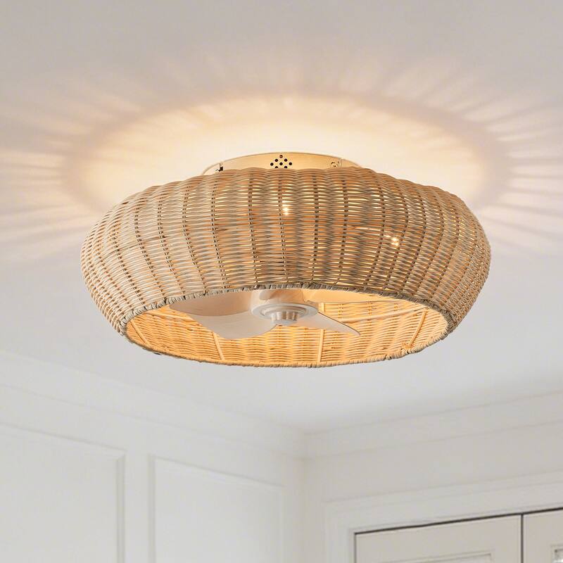 20-inch Boho Distressed White Chandelier Flush Mount Ceiling Fan with Remote and Hand-Woven Rattan Shade - 19.7" W x 7.08" H