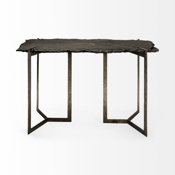 Rectangular Black Live Edge Slate Console Table With Double Pedestal Base Rectangular Black Live Edge Slate Console Table With Double Pedestal Base