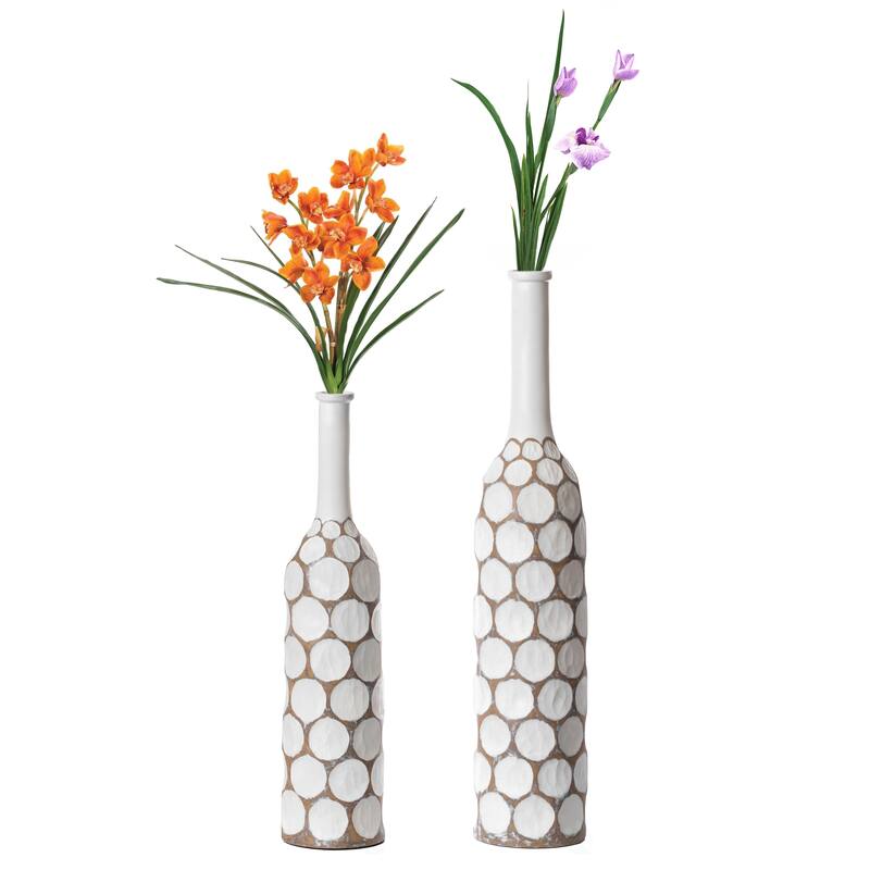 Decorative Contemporary Floor Vase White Carved Divot Bubble Design with Tall Neck - Set of 2