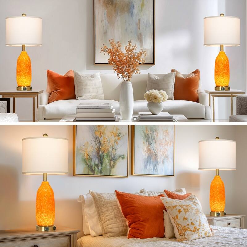 26" Orange Spot Glass Table Lamp with USB-C Charging, Dual Lighting & Metal Touch Switch(Set of 2) - 12'' x 12'' x 26''