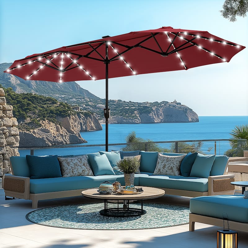 MAISON ARTS Double-Sided 13-foot Twin Outdoor Market Crank Umbrella with Colored LED Lights - Burgundy-ColoredLights