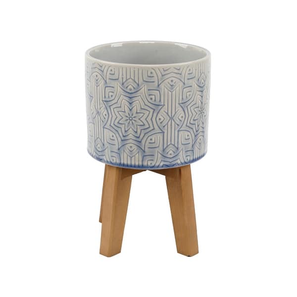 slide 2 of 2, Star Ceramic Planter On Wood Stand