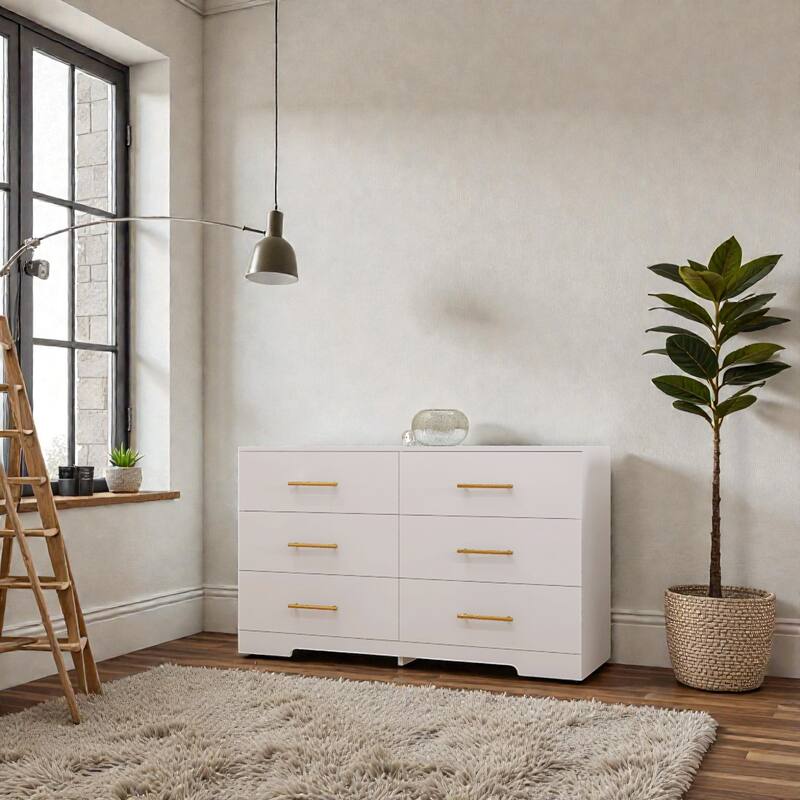 Large 6 Drawer Dresser with Gold Handles, Wide Wooden Chest of Drawers Storage Cabinet for Bedroom