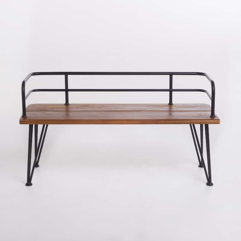 Roomfitters Outdoor Acacia Wood Bench with Metal Backrest and Hairpin Legs, Teak