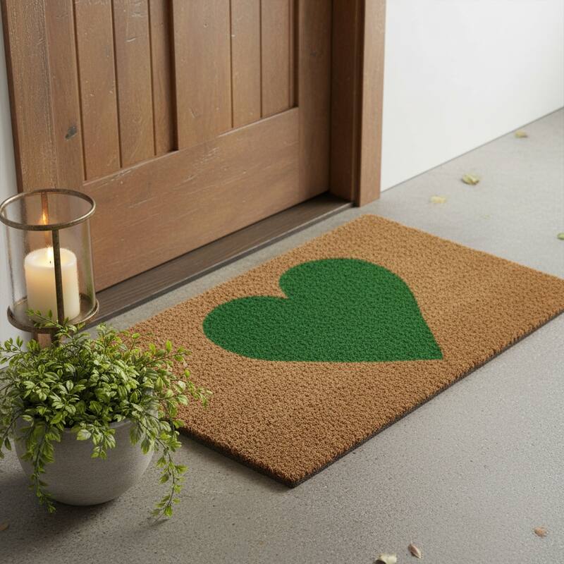 HomeRoots 24" X 36" Brown And Green Heart Outdoor Coir Door Mat - 24.00' X '36.00 - 24.00' X '36.00