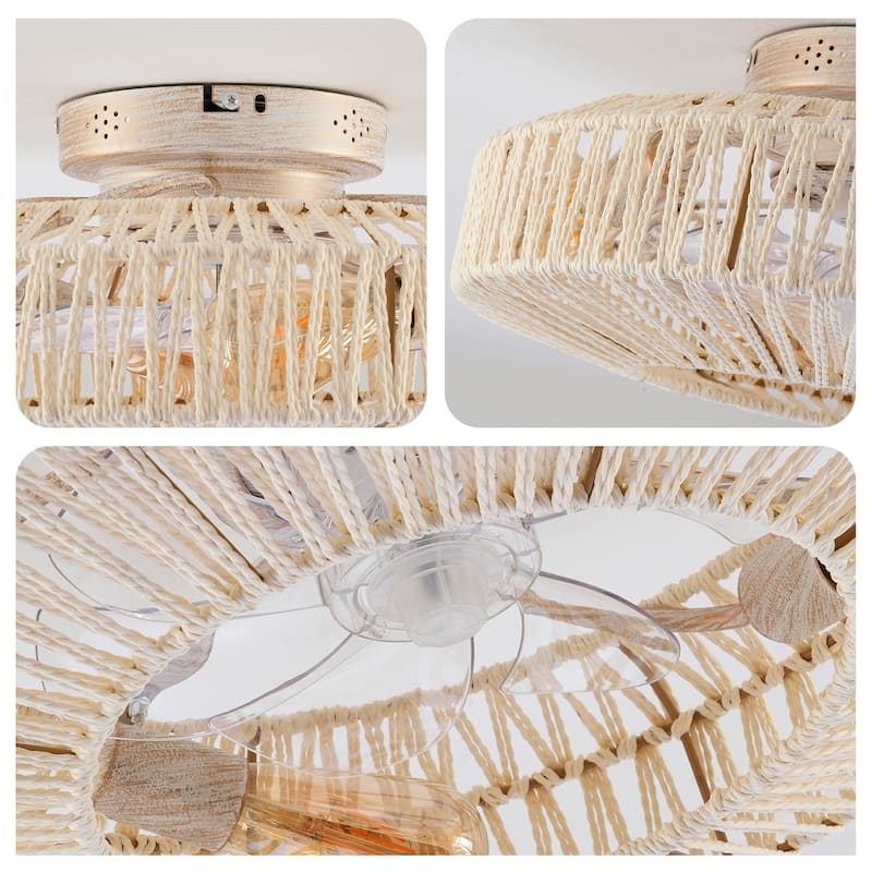 20" Rope Caged Ceiling Fans with Remote and Low Profile Chandelier 6 Speed, NOT Included Bulbs