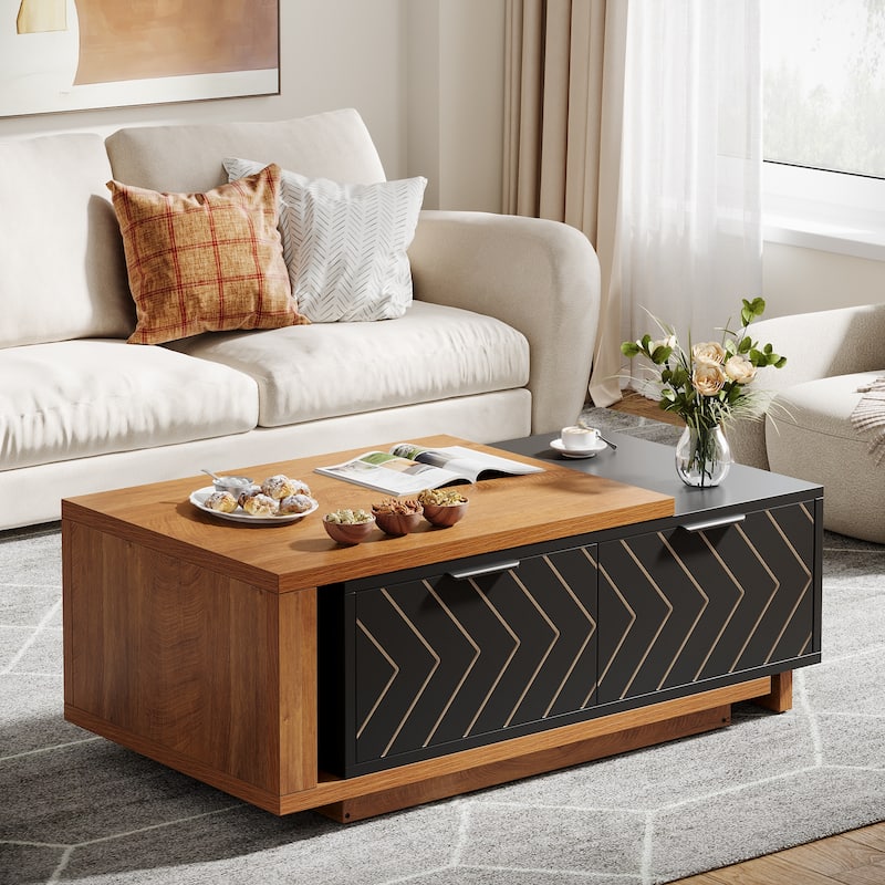 Extendable Coffee Table with 2-drawer and Wood Sliding Tabletop for Living Room