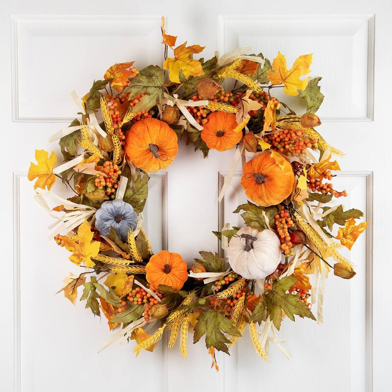 Velvet Pumpkins Wheat Artificial Fall Harvest Wreath - 24-Inch, Unlit