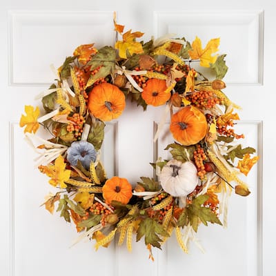Velvet Pumpkins Wheat Artificial Fall Harvest Wreath - 24-Inch, Unlit