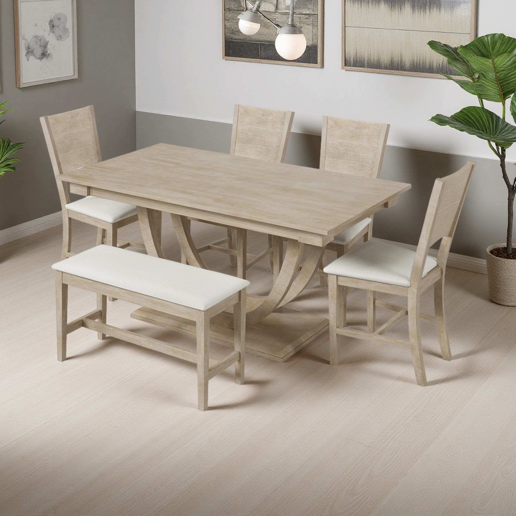6-Piece Modern Dining Set, Half-Round Wood Table with Long Bench & 4 Chairs