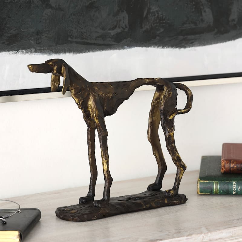 Bronze Polystone Distressed Slim Frame Dog Decorative Sculpture with Gold Accents - Bronze