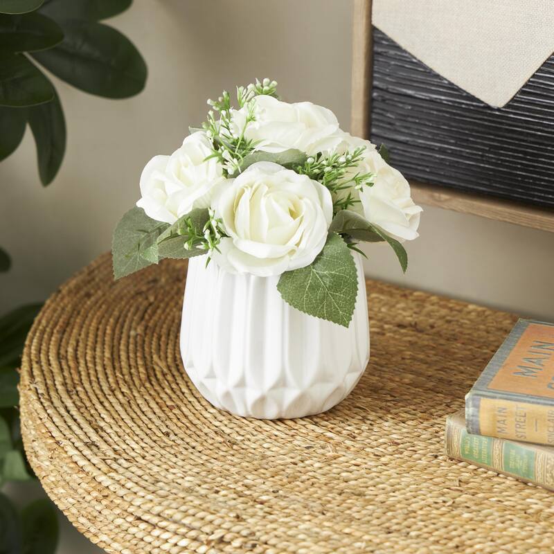 White Fabric Artificial Flower with Green Leaves and Round Ceramic Vase - White