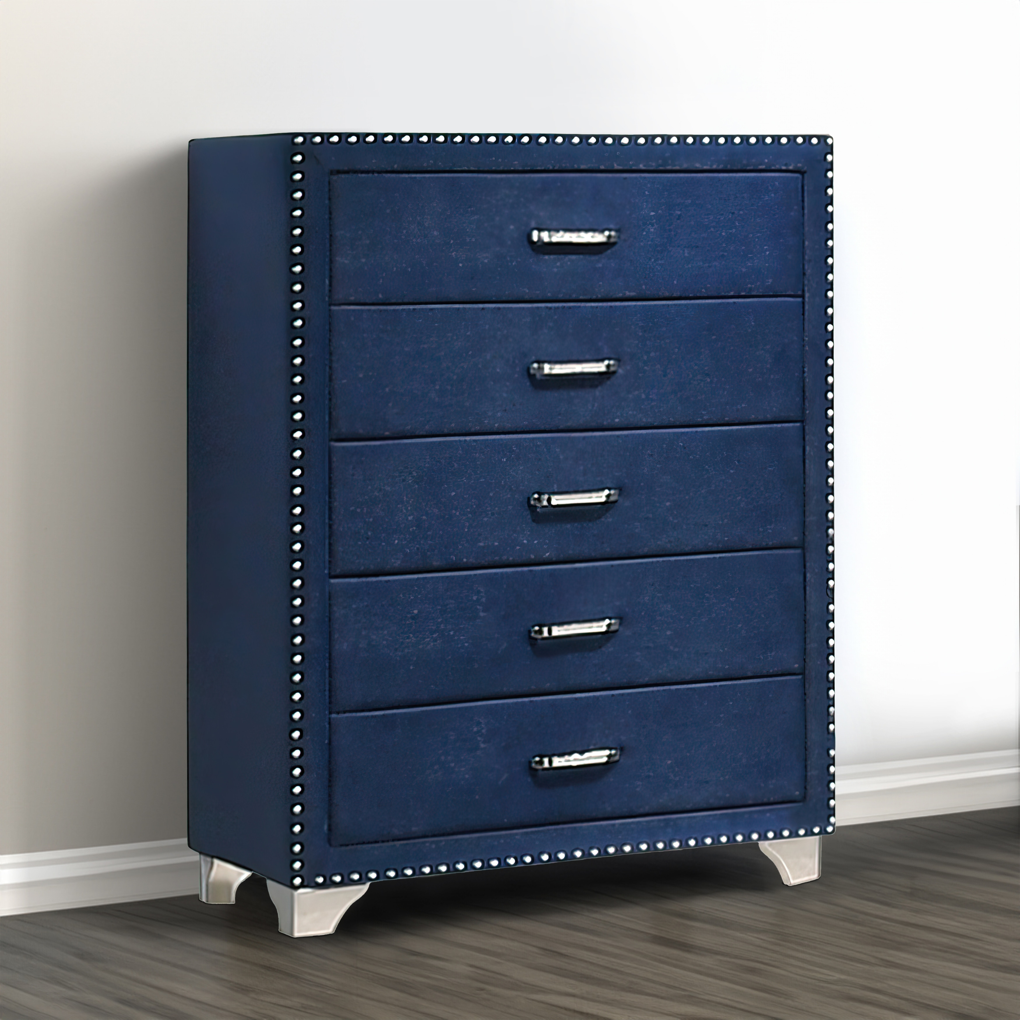 tall blue dresser Wooden Vertical saving silhouette with softly curved corners and reeded detailing on the top drawer for added dimension Sely Tall Dresser Chest, 5