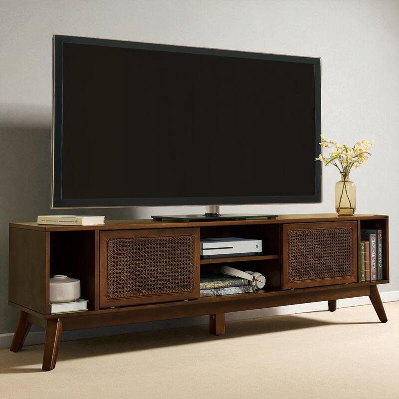 67.9" Mid-Century Modern Rattan TV Stand for TVs up to 75", Entertainment Cabinet with Sliding Doors & Solid Wood Legs