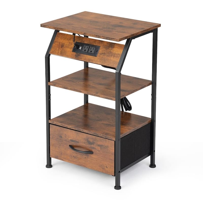 Vintage Nightstand with Charging Station, Remote Control LED Lights