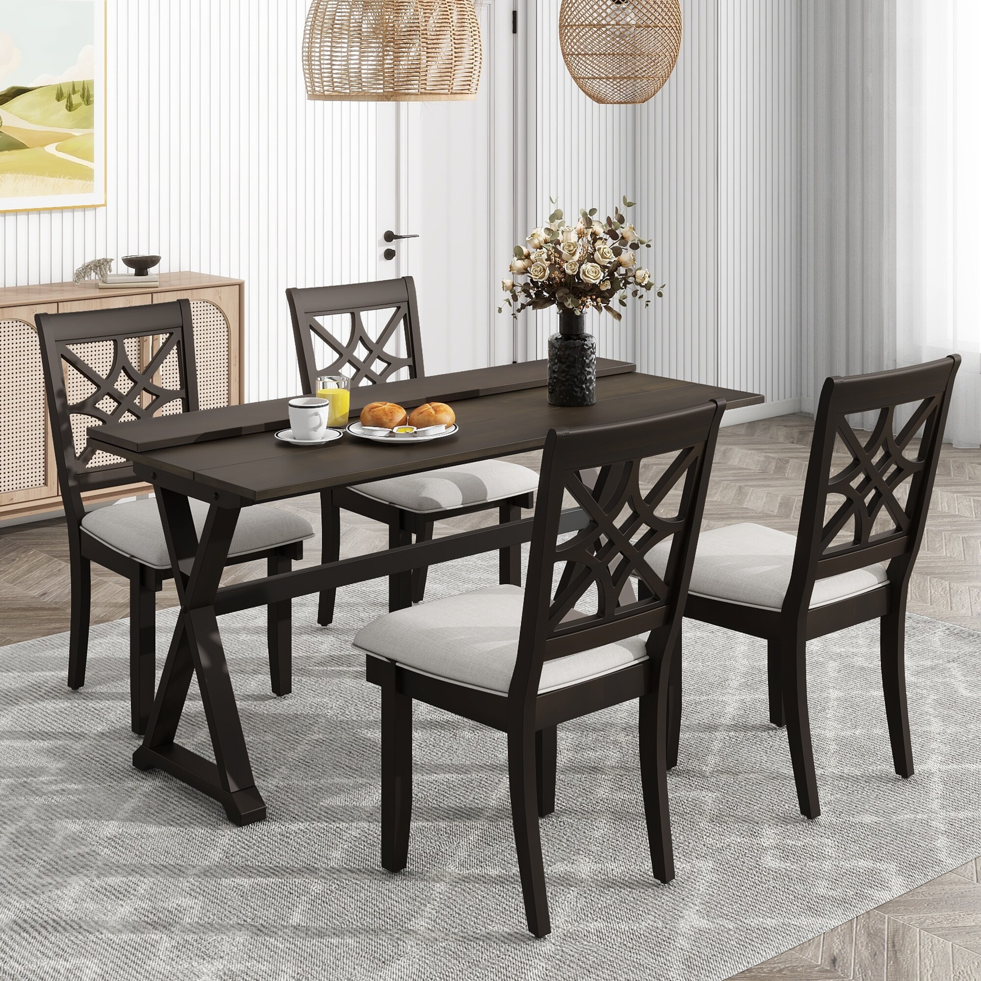 5-Piece Extendable Dining Set: Table, X-shape Legs