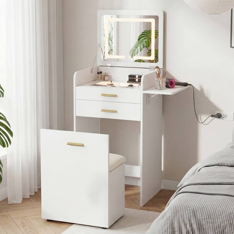 Flip-top Vanity Table,Mini Vanity,Mirror-integrated Dressing Table,All-in-one Storage Cabinet,Makeup Vanity Set with Stool - White
