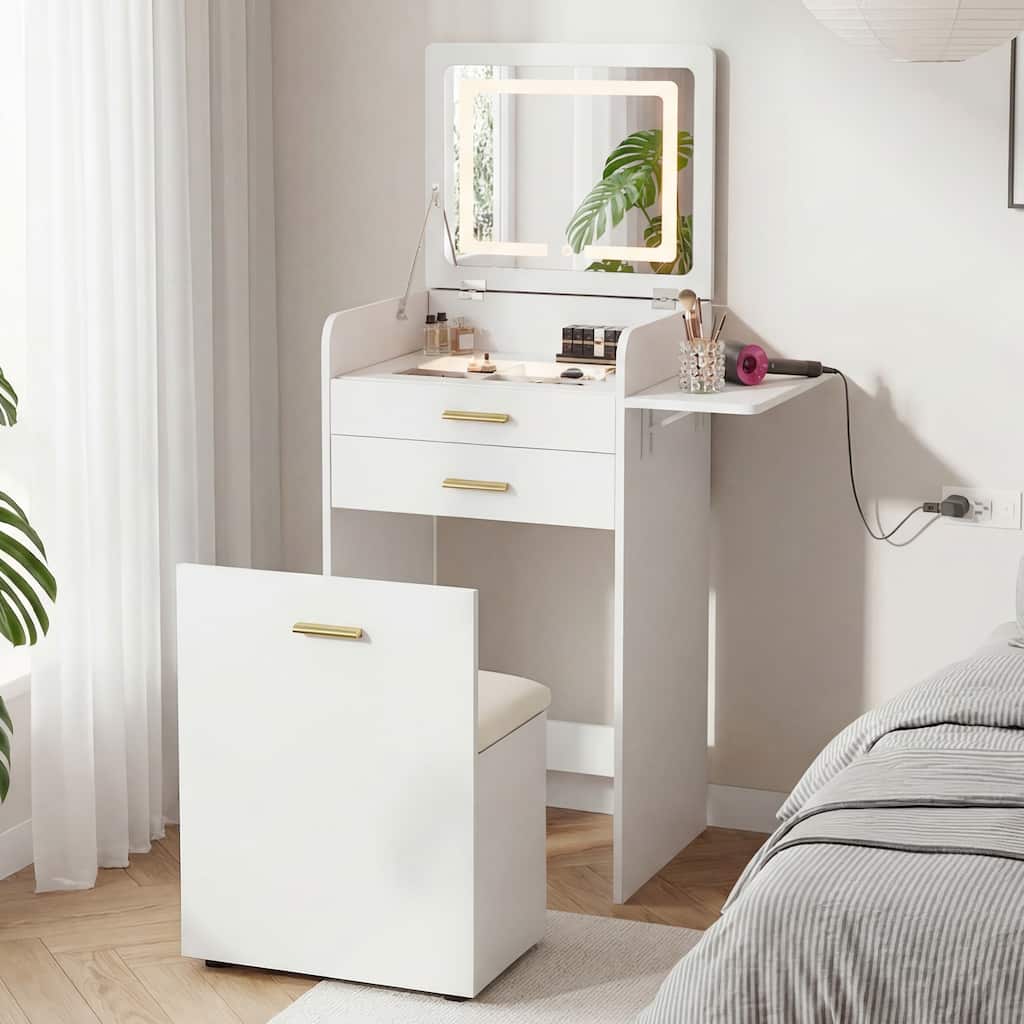 Flip-top Vanity Table,Mini Vanity,Mirror-integrated Dressing Table,All-in-one Storage Cabinet,Makeup Vanity Set with Stool