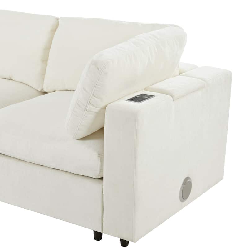 Modular Sofa with Charging Ports & Bluetooth Speaker, 4 Seat Straight Row Sectional Sofa Convertible L-Shaped Sleeper Couch