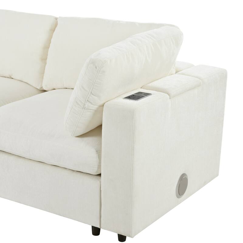 Upholstered Modular Sofa with USB Charge Ports and Wireless Charging, Built-in Bluetooth Speaker, Sectional Couch