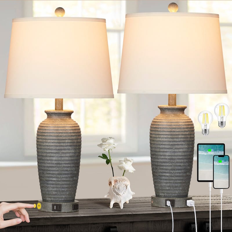 Set of 2 Bedside Resin Table Lamps with 3-Way Touch Control and Dual USB Ports - 13'' x 13'' x 24.3'' (L x W x H) - Grey