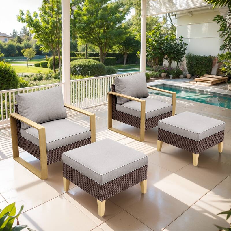 4 Pieces Outdoor Chair Patio Chair Ottoman - Beige - Brown