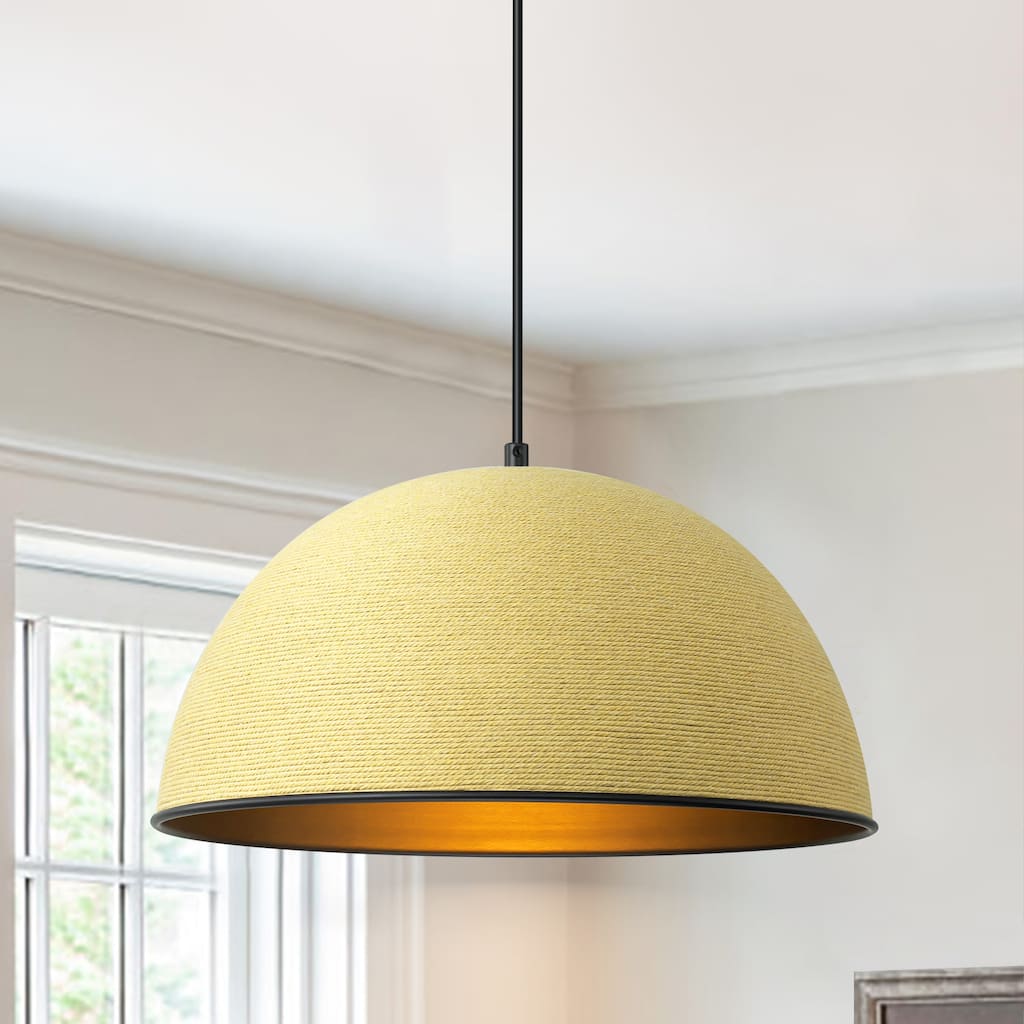 1-Light Modern Farmhouse Hand Woven Rope Bowl Dome Pendant Light for Kitchen Island