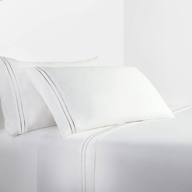 Hiend Accents 350TC Embroidered Stripe White Sheet Set, Taupe, 4PC
